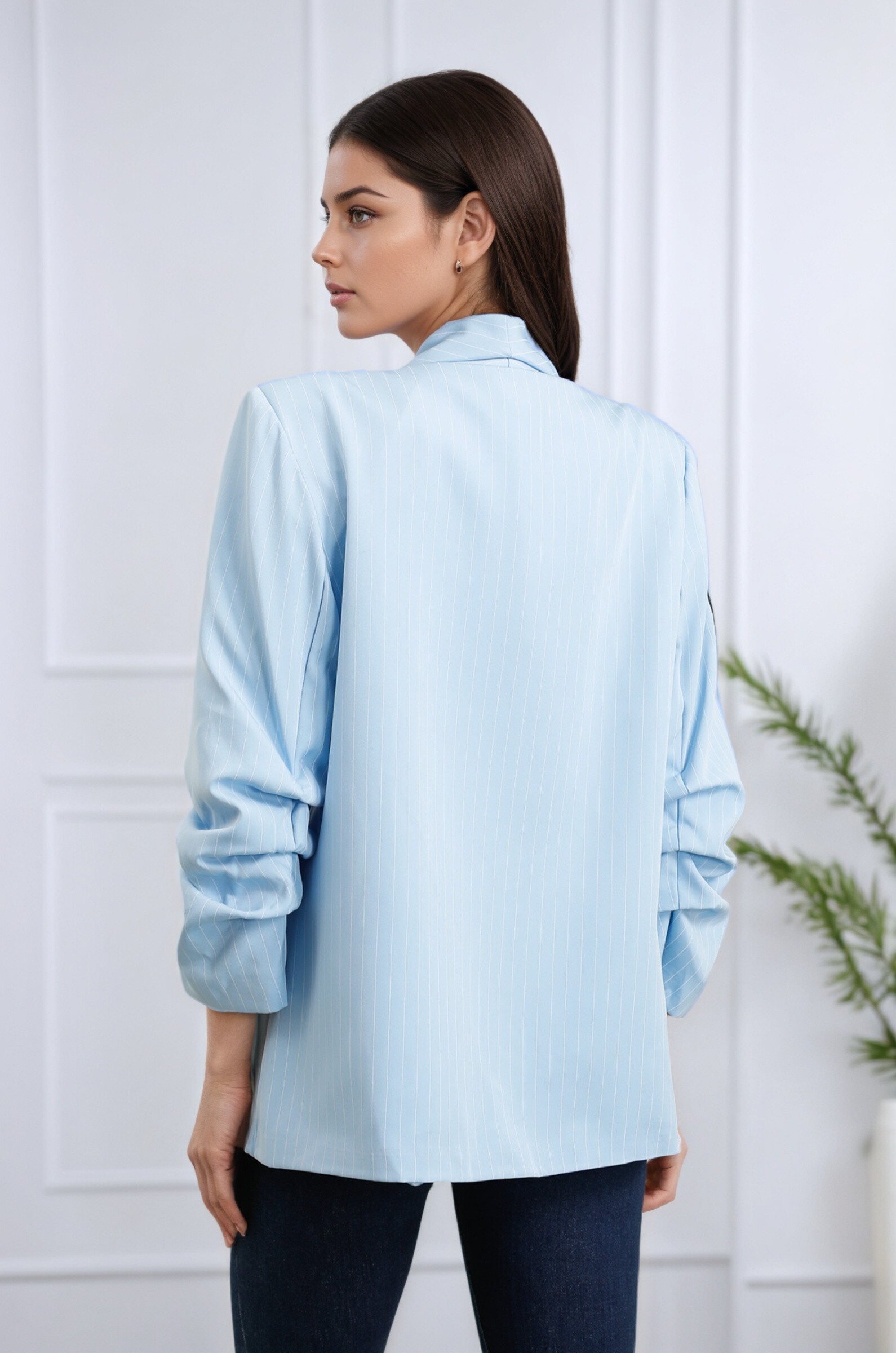 Blazer Rayures Manches Froncées à Fleurs - Bleu Ciel - 4 - grand format