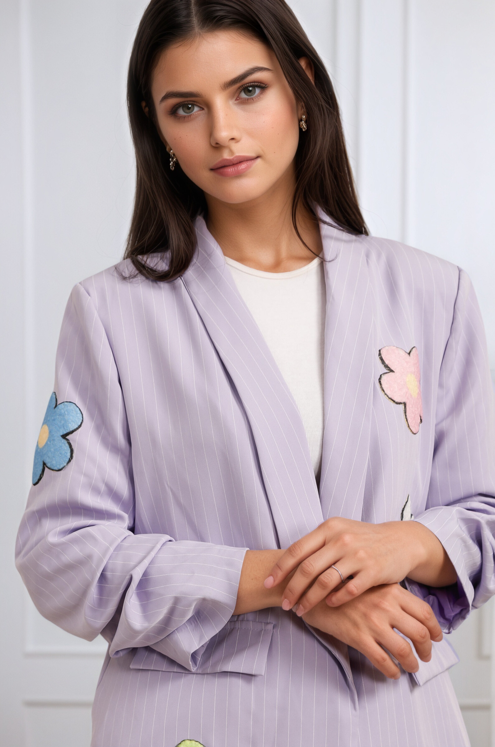 Blazer Rayures Manches Froncées à Fleurs - Lilas - 2 - grand format