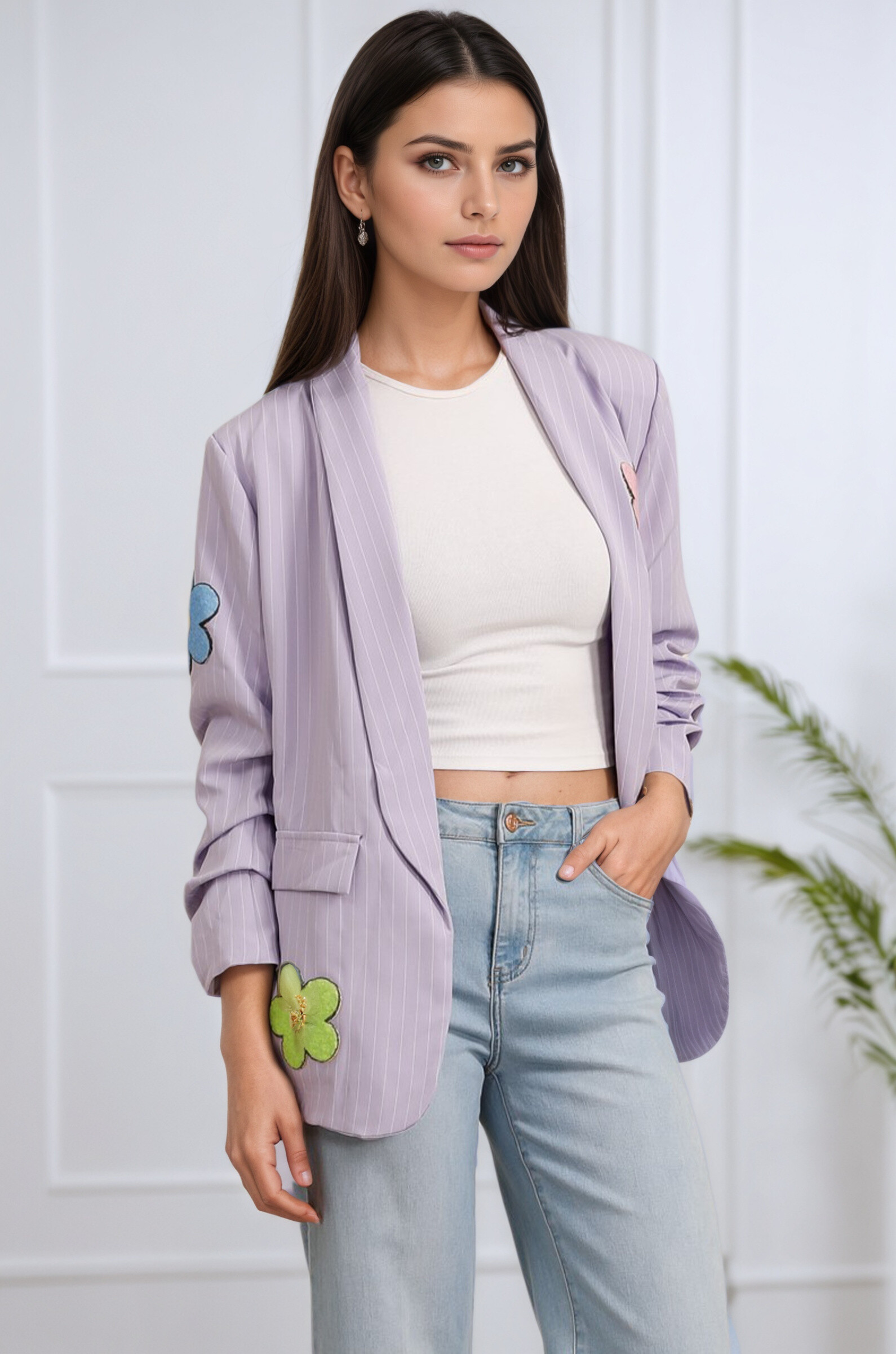 Blazer Rayures Manches Froncées à Fleurs - Lilas - 1 - grand format