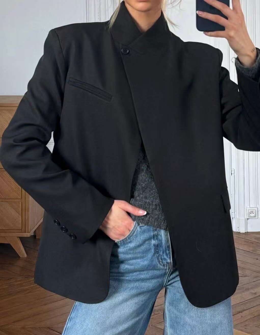 Wholesaler ROSYDAYS - Oversized Double-Breasted Blazer with High Collar and Lining