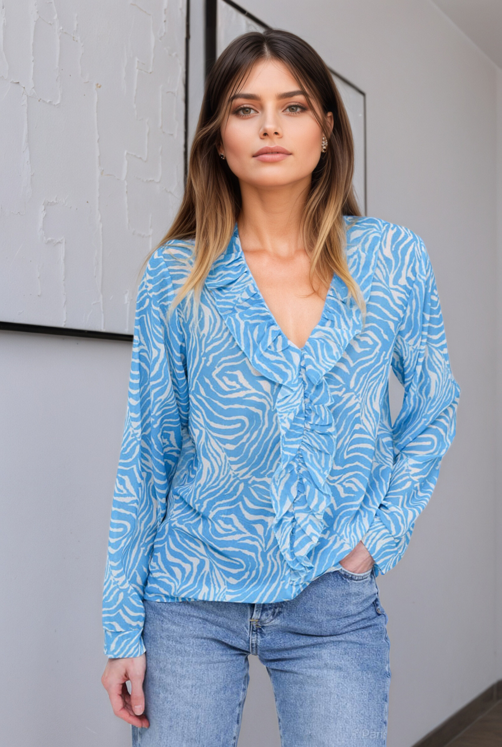 Zebra print ruffled blouse - Blue - 1 - large format