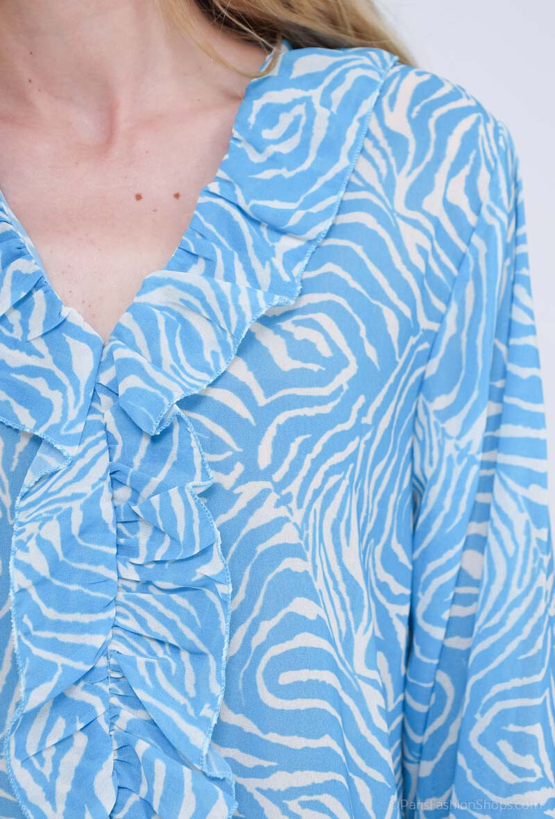 Zebra print ruffled blouse - Blue - 2 - large format