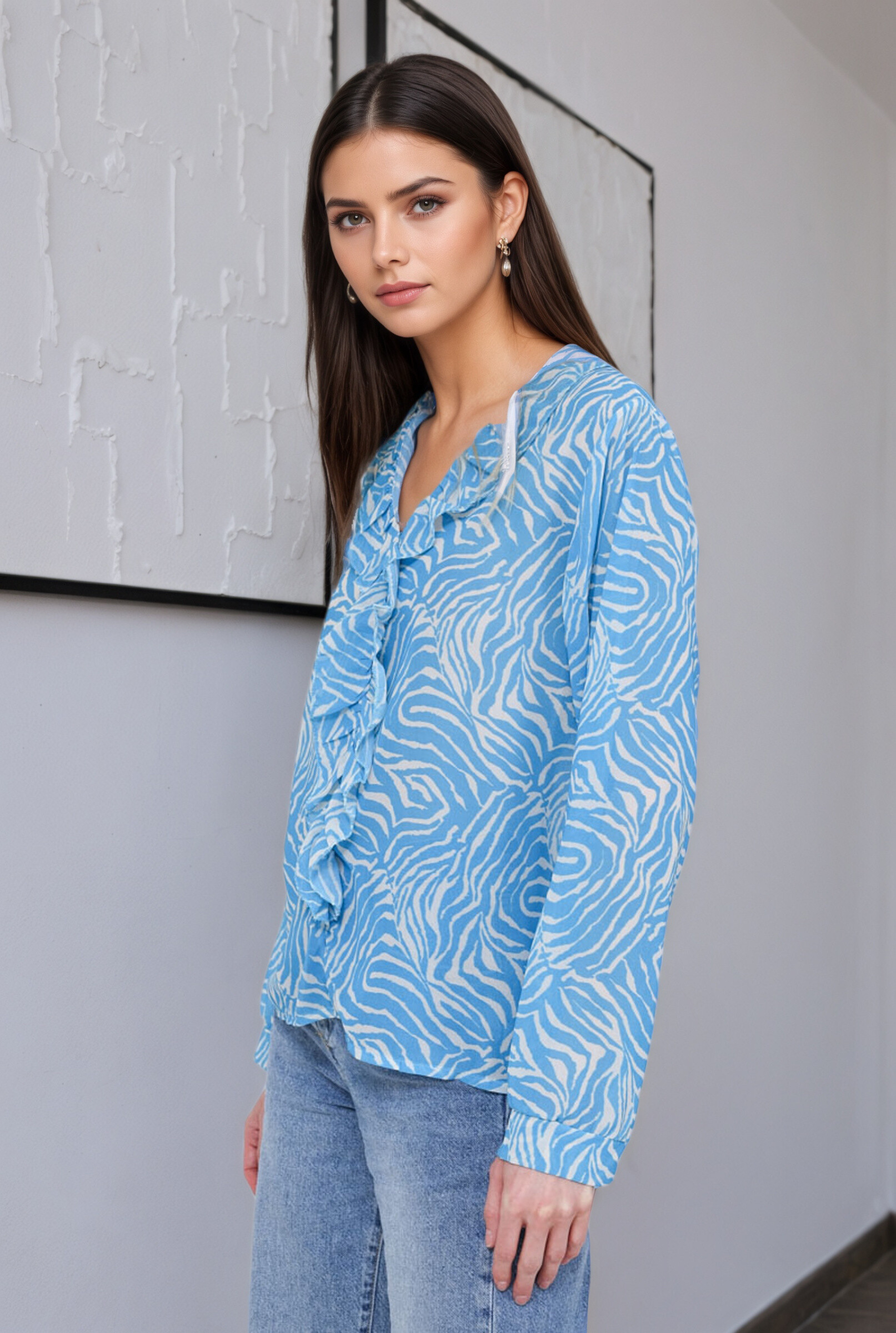 Zebra print ruffled blouse - Blue - 3 - large format