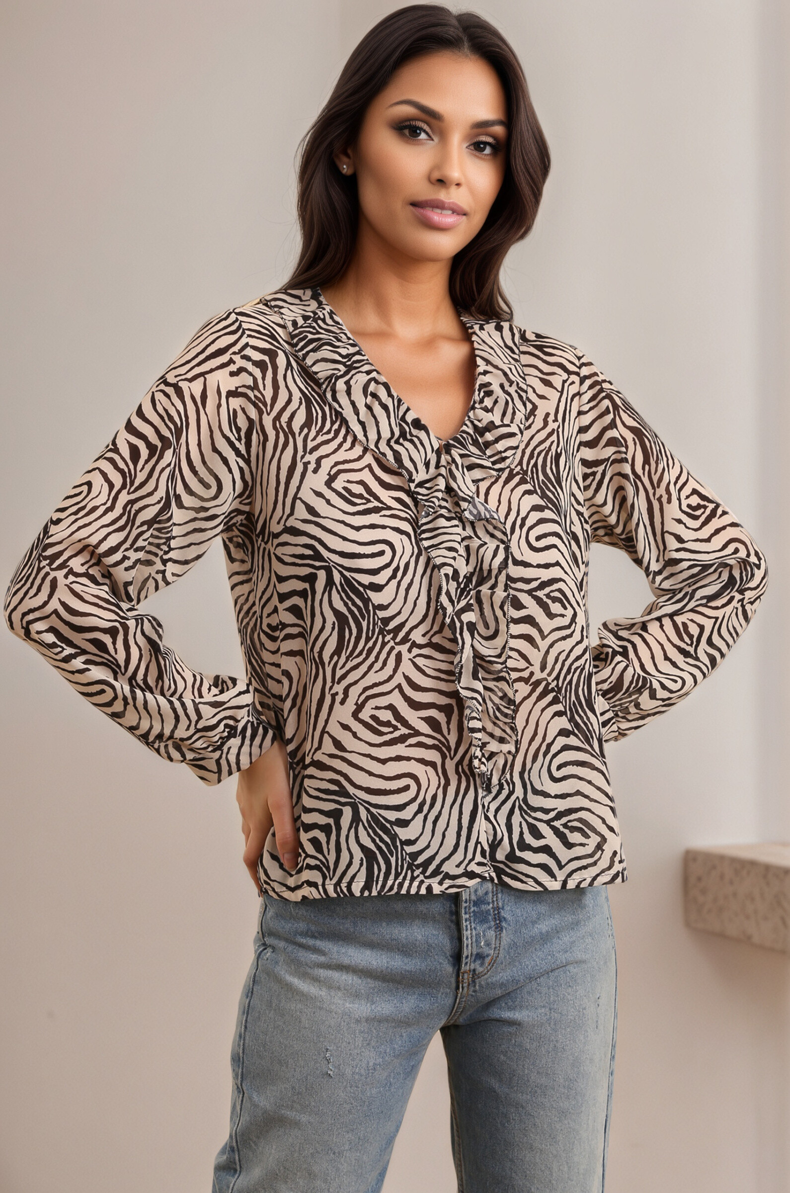 Zebra print ruffled blouse - Black - 1 - large format