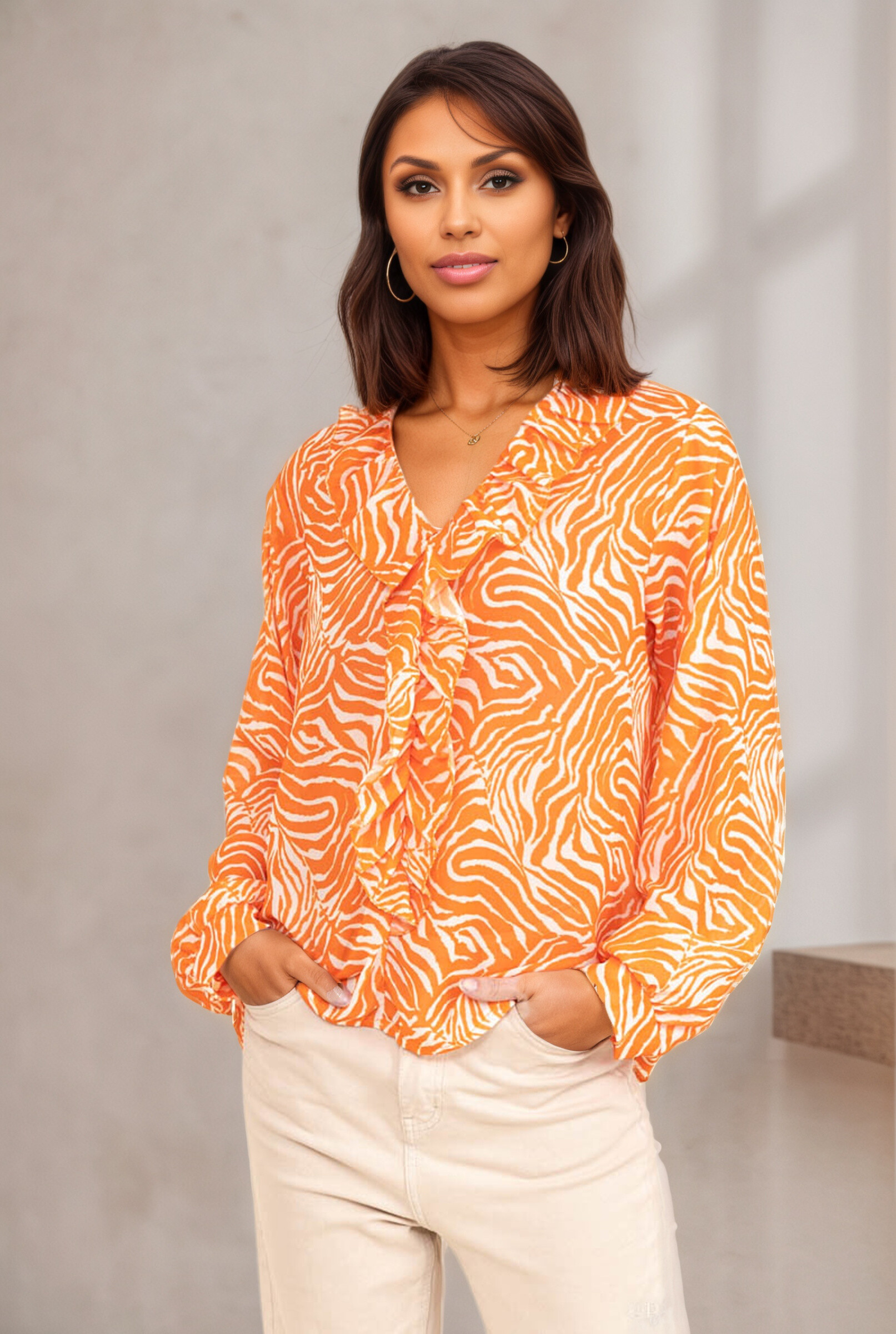 Zebra print ruffled blouse - Orange - 1 - large format
