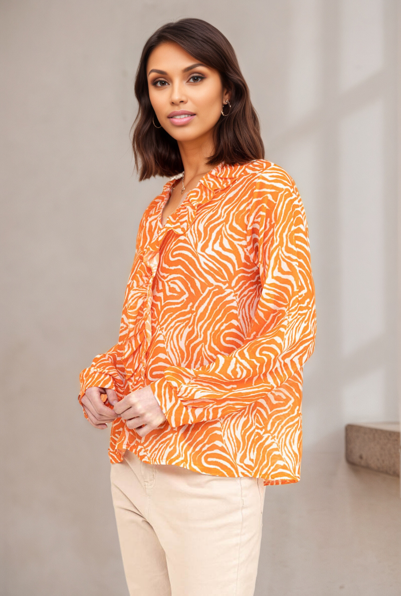 Zebra print ruffled blouse - Orange - 3 - large format
