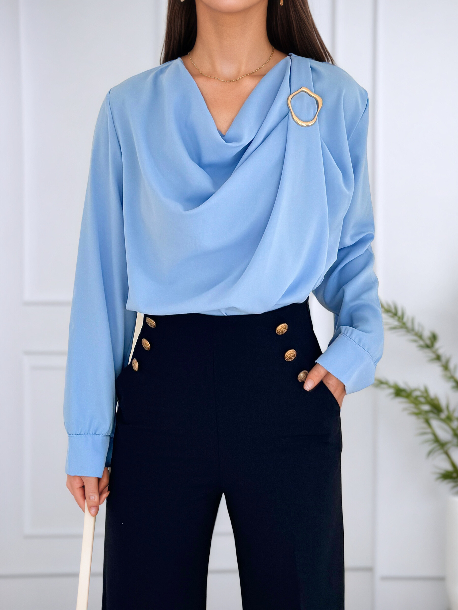 Wholesaler Rosy Days - Chic Blouse with Cowl Neck and Brooch