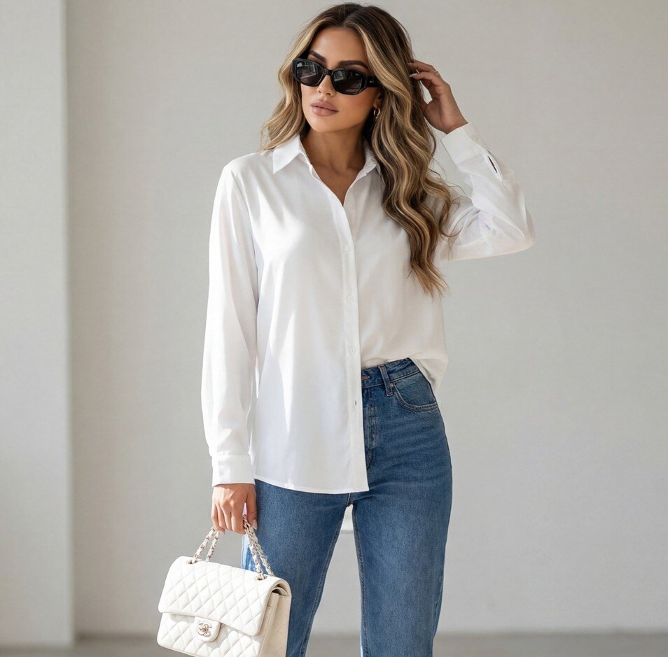 Mayorista ROSYDAYS - Camisa Blanca Fluida Básica de Manga Larga