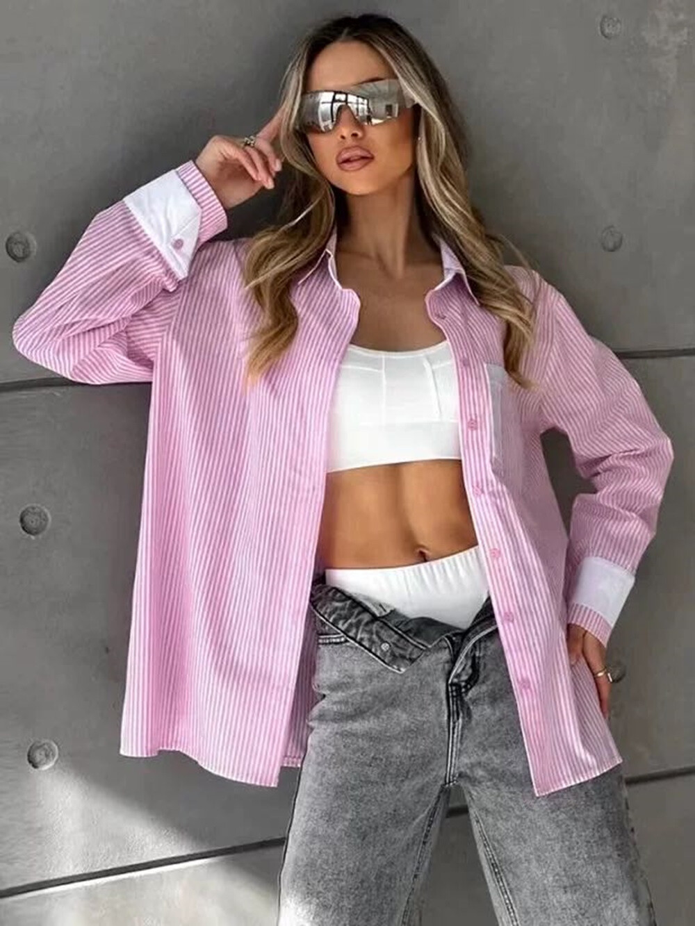 Wholesaler Rosy Days - Shirt Strilations Straight Cutting Double Pocket Asymmetrical Pockets