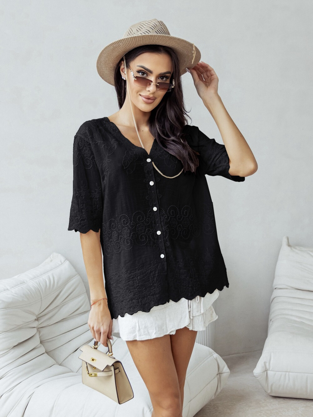 Wholesaler Rosy Days - Bohemian blouse V -neck V -Cotton Flower Flower 100%