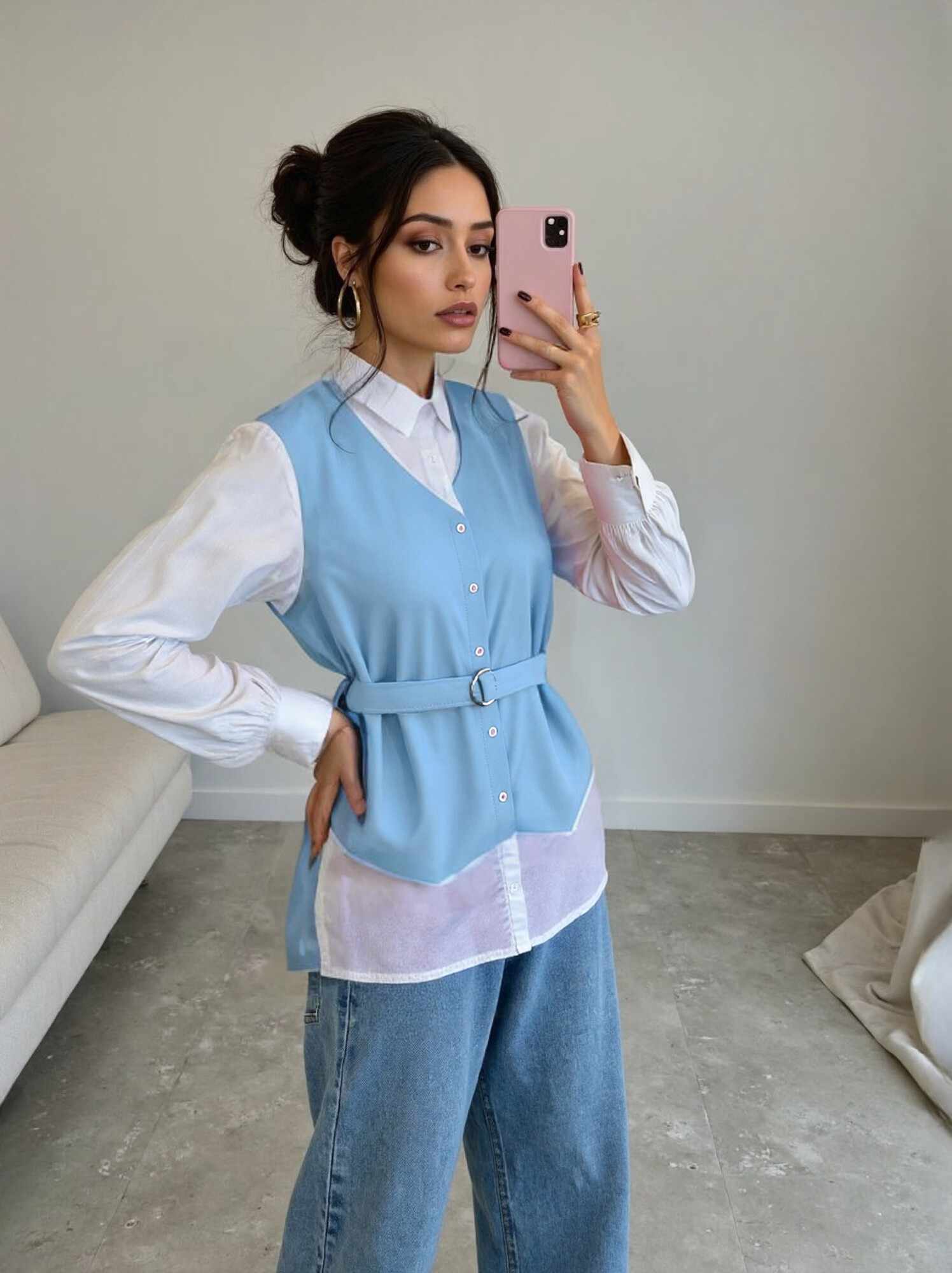 Bi-material shirt on a belt - Light Blue - 1 - large format