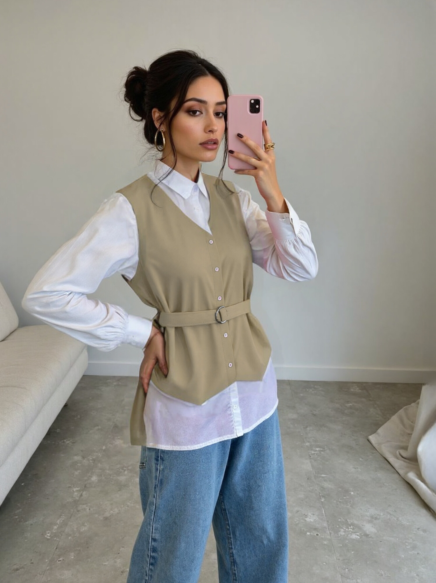 Bi-material shirt on a belt - Caramel - 1 - large format