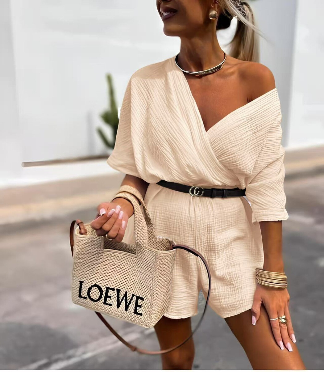 Overall aus Baumwollgaze mit Gürtel - Beige - 1 - Großformat