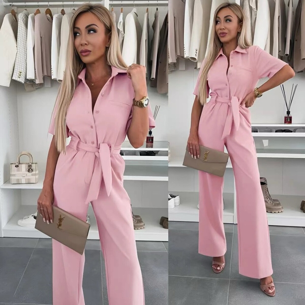 Grossiste Rosy Days - Combinaison chic ceinturé à manches courtes avec poche décorative