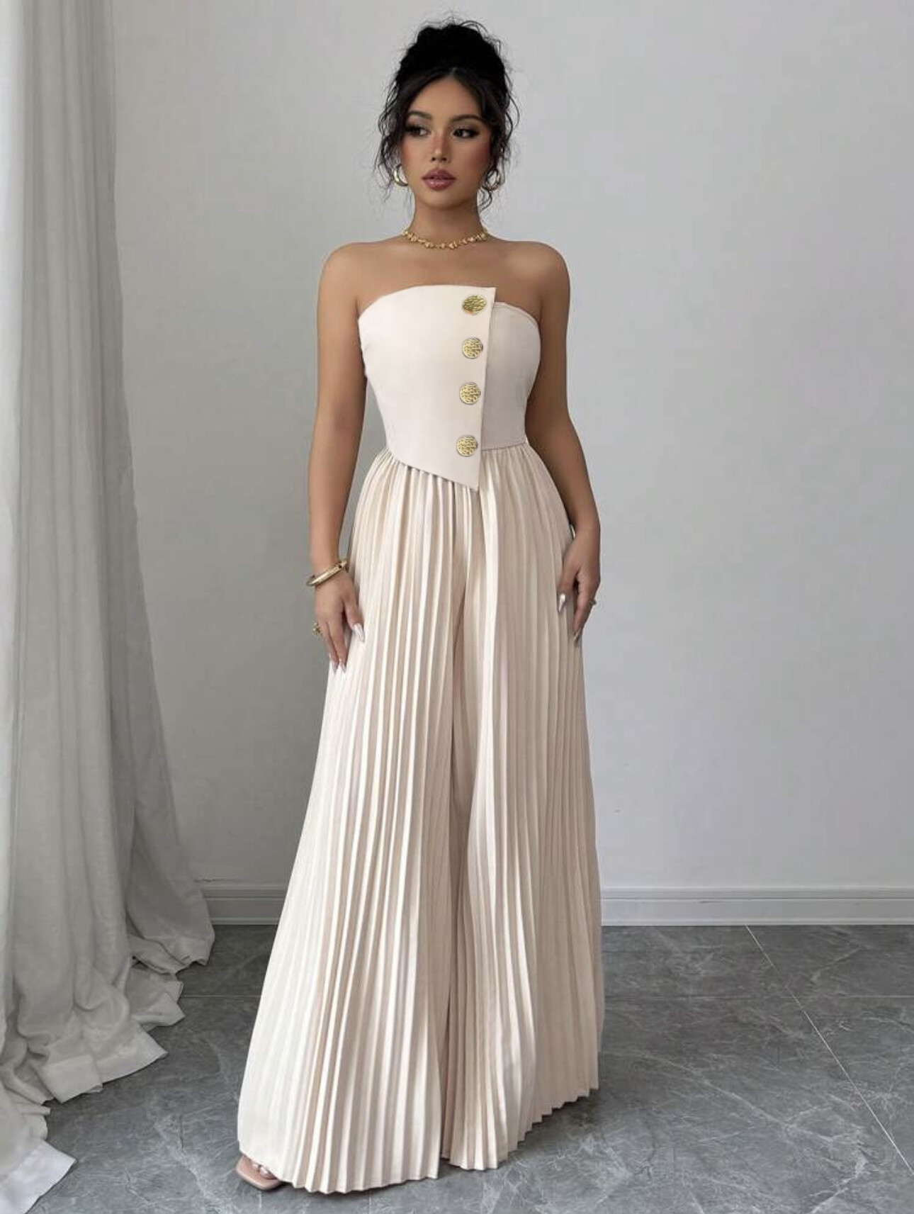 Grossiste Rosy Days - Combinaison bustier plissée avec détails boutons bouton décoratifs