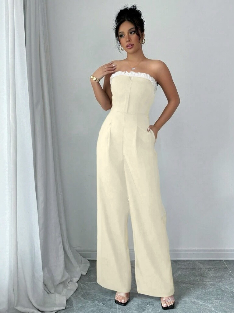 Grossiste Rosy Days - Combinaison Pantalon Bustier Chic à détail bande froncé avec poches