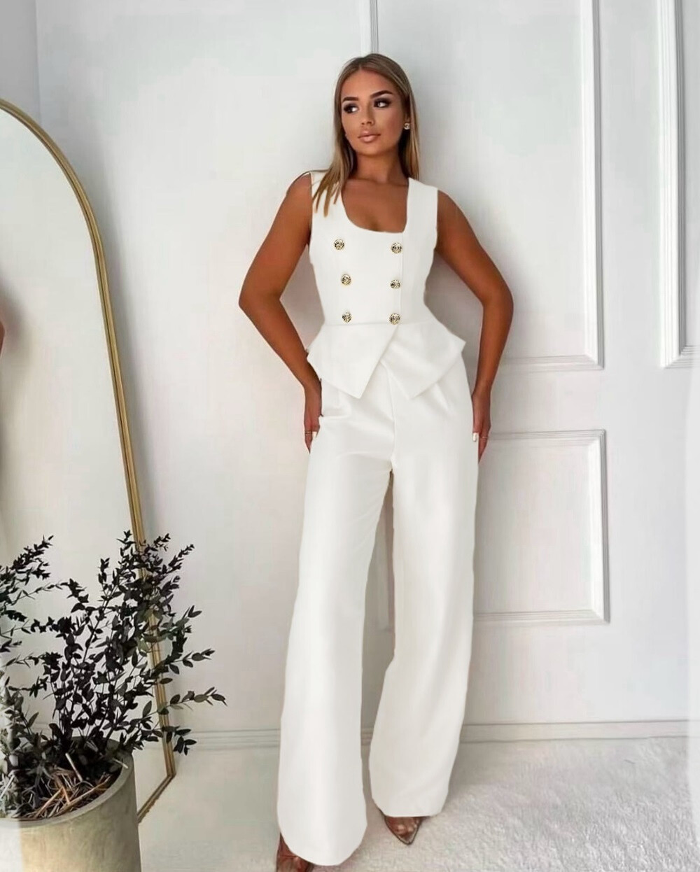 Wholesaler Rosy Days - Chic pants combination with golden buttons and zip on the back