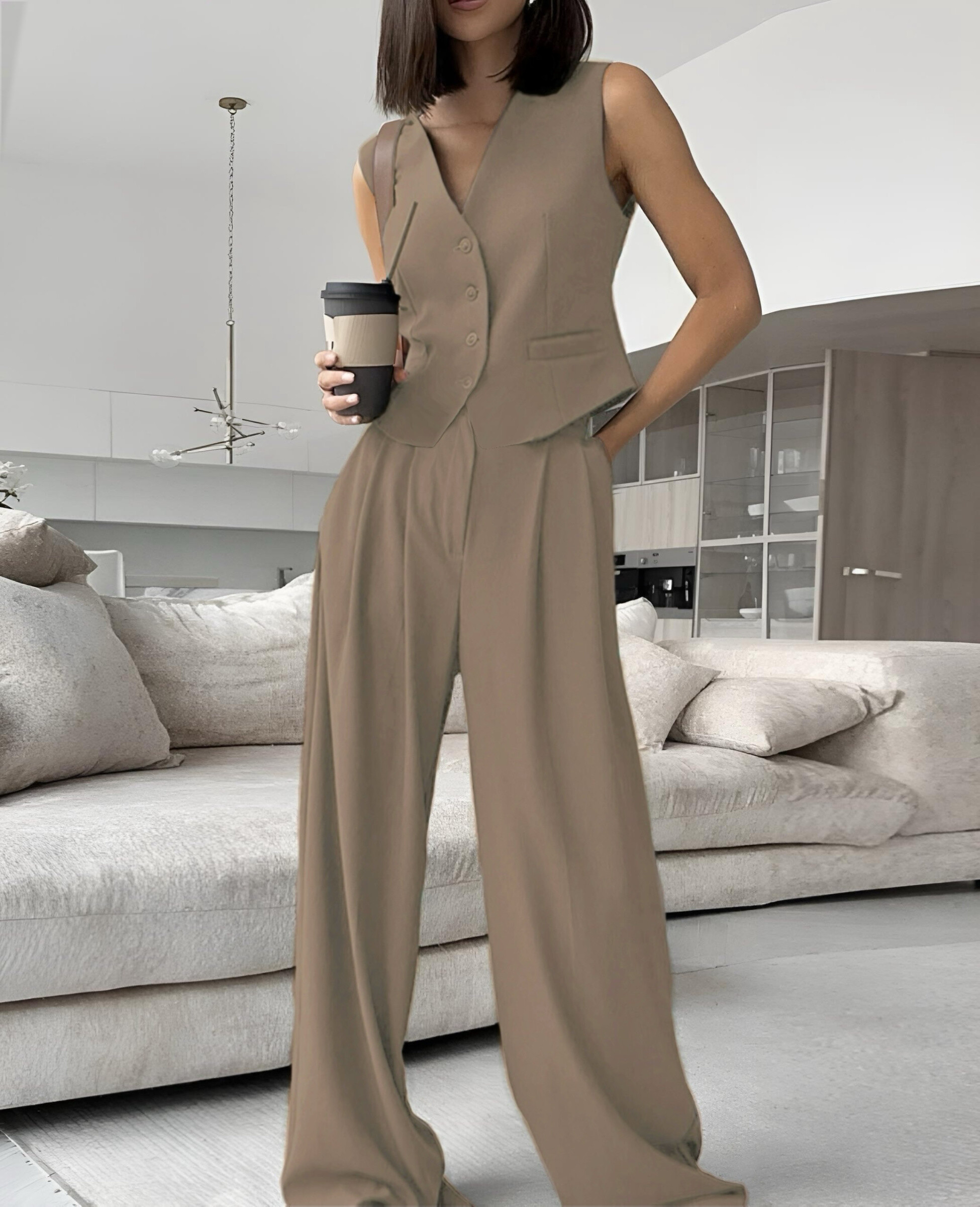 Chic set of sleeveless jacket elegant pants - Bronze - 1 - large format