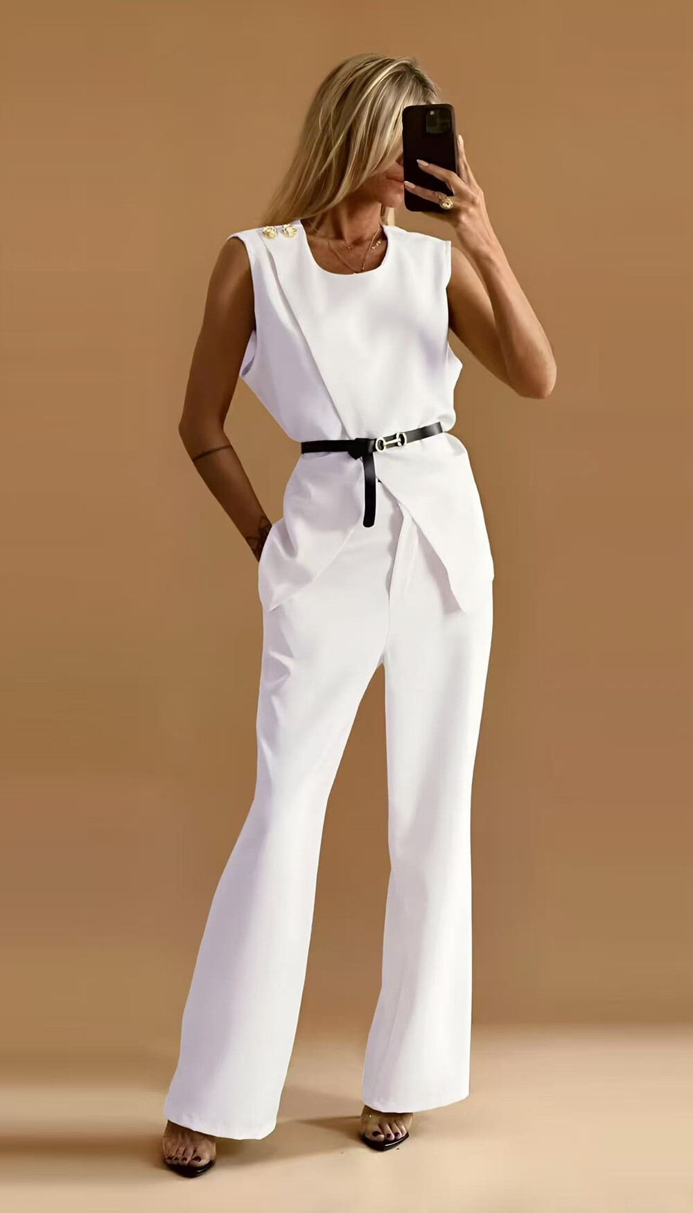 Chic belt pants set - White - 1 - large format