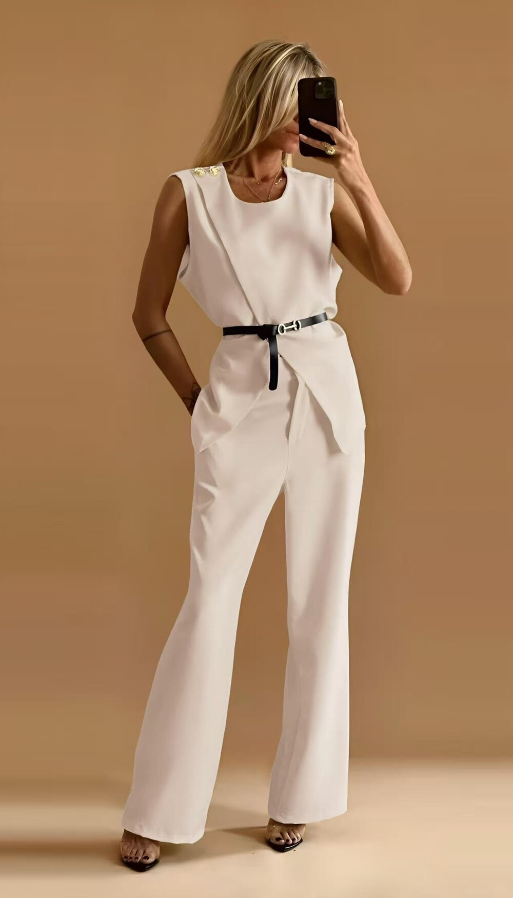 Chic belt pants set - Ivory - 1 - large format