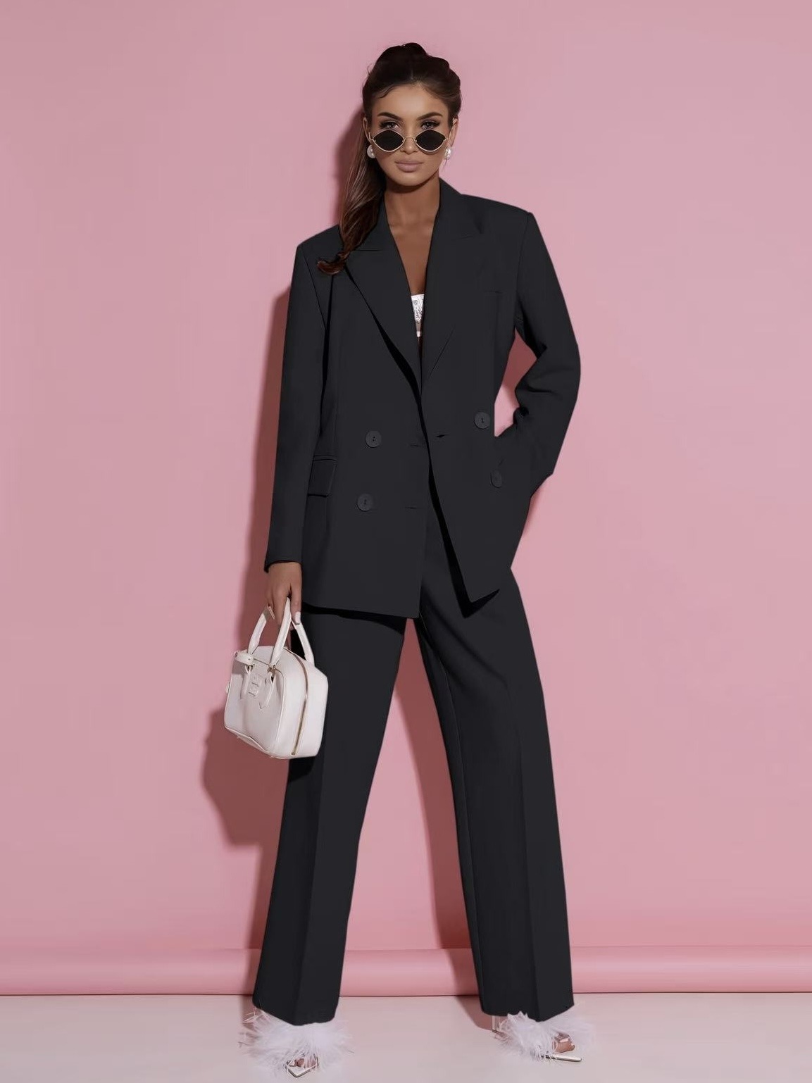 Grossiste ROSYDAYS - Ensemble Blazer Croisé Pantalon Avec Doublure