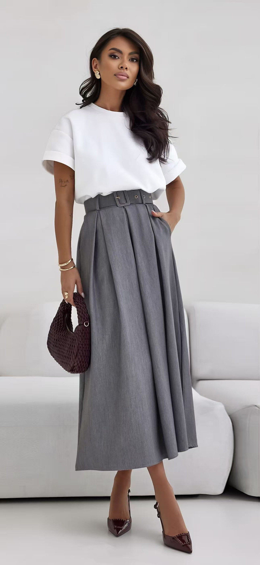 Grossiste ROSYDAYS - Jupe Longue Chic Evasée Avec Ceinture