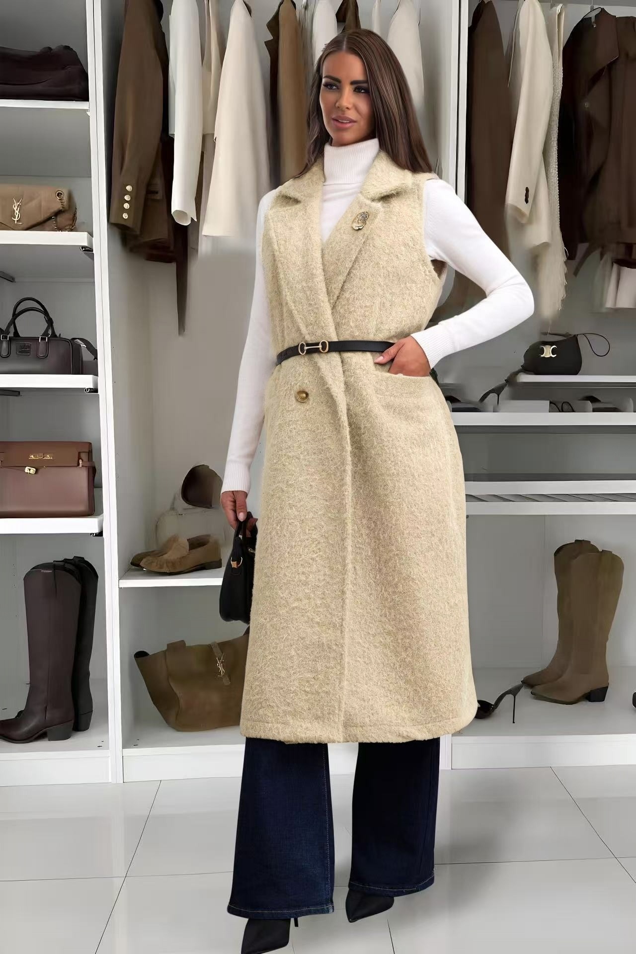 Grossiste ROSYDAYS - Manteau Sans Manche Avec Broche Fleur Et Ceinture