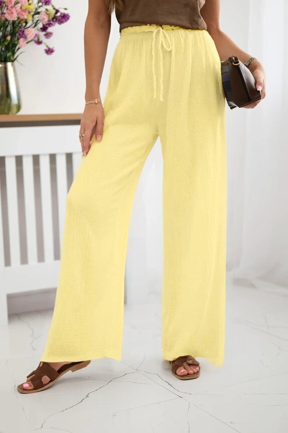 Cotton gauze pants with cord - Light Yellow - 2 - large format
