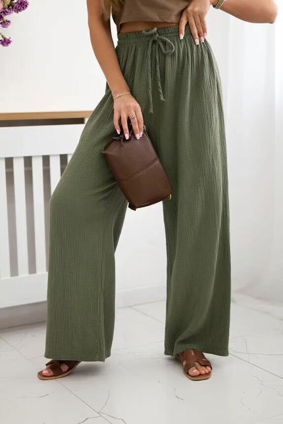 Cotton gauze pants with cord - Kaki - 1 - large format