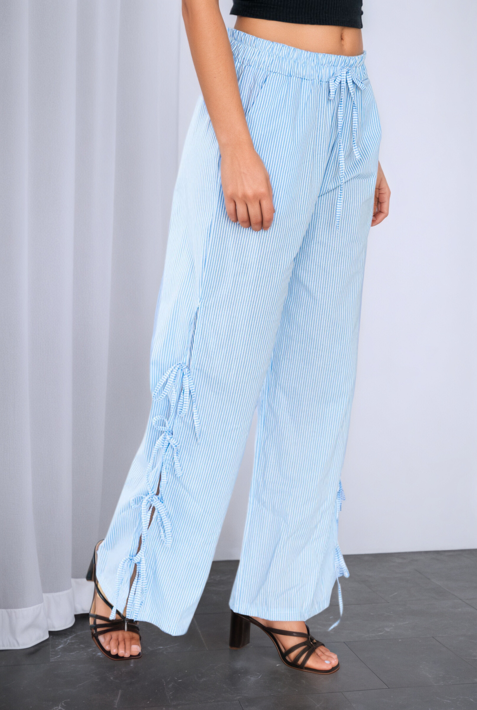 Striped and bowed cotton pants - Sky Blue - 2 - large format