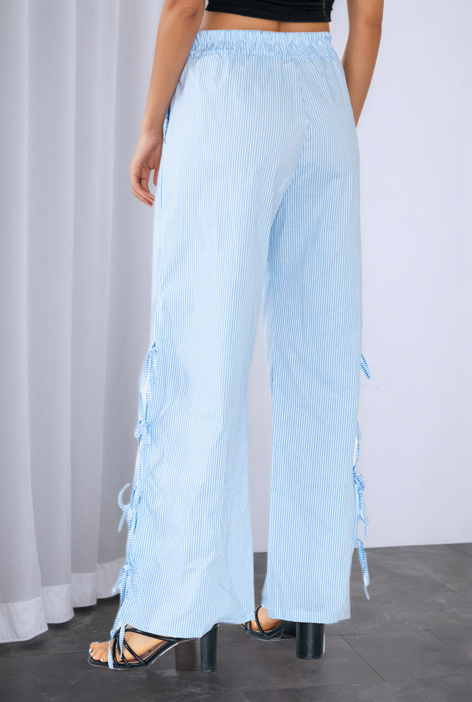 Striped and bowed cotton pants - Sky Blue - 4 - large format