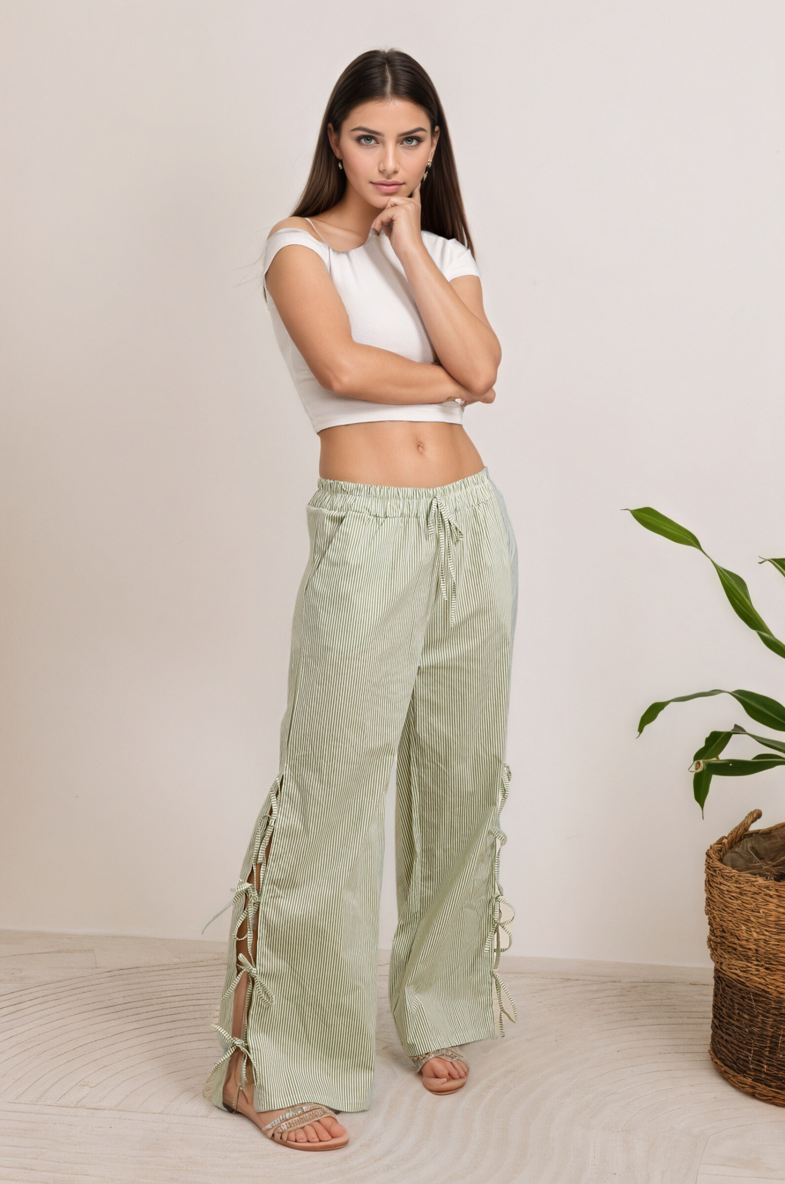 Striped and bowed cotton pants - Light Green 3 - thumbnail