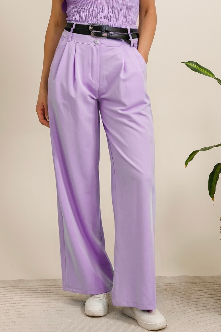 Wide pants with double belts - Lilac - 1 - large format