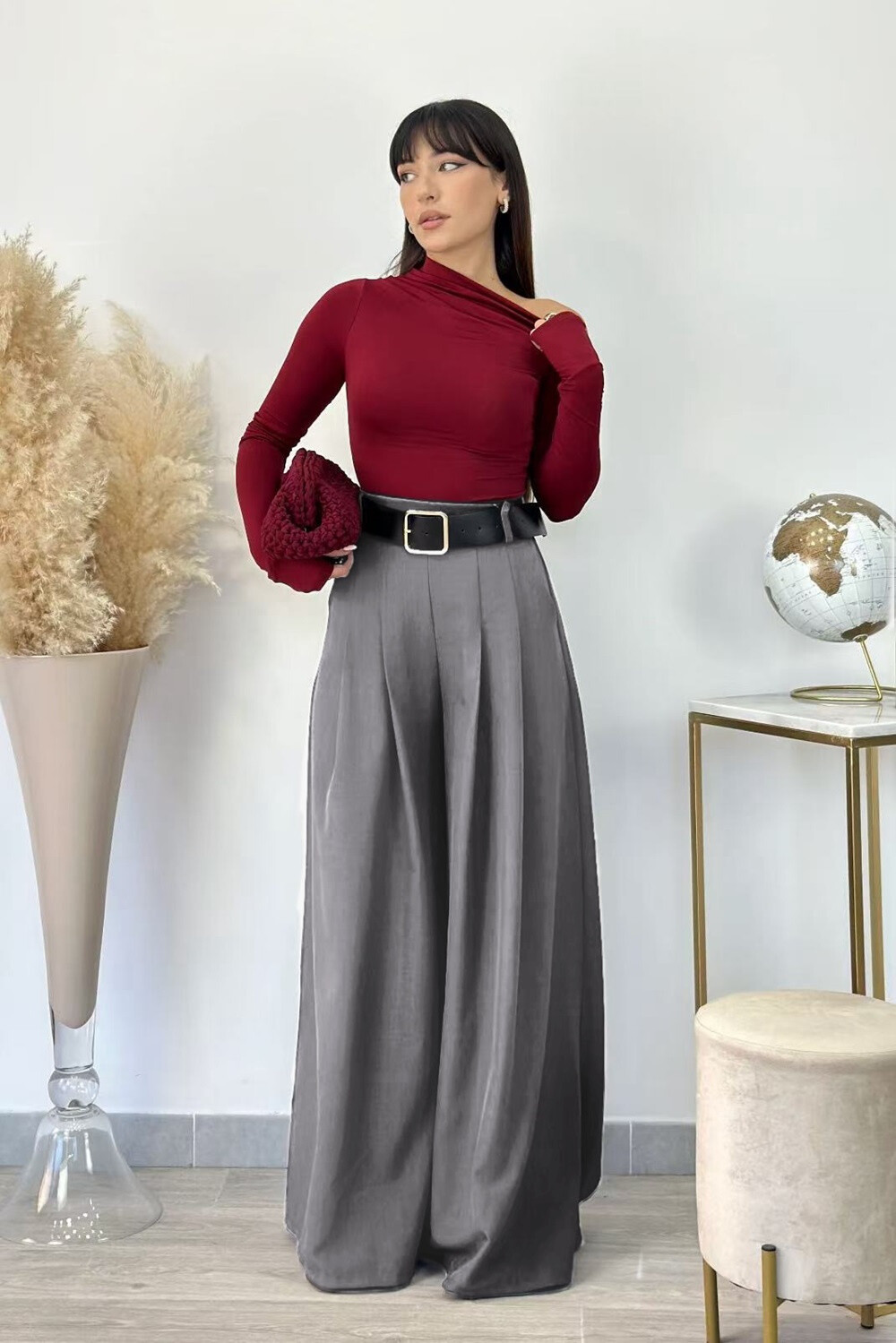 Grossiste Rosy Days - Pantalon large évasé qualité à ceinture et poches fonctionnelles