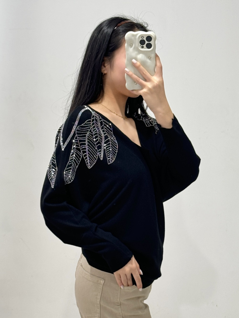 Grossiste Rosy Days - Pull en maille à motif feuilles strass