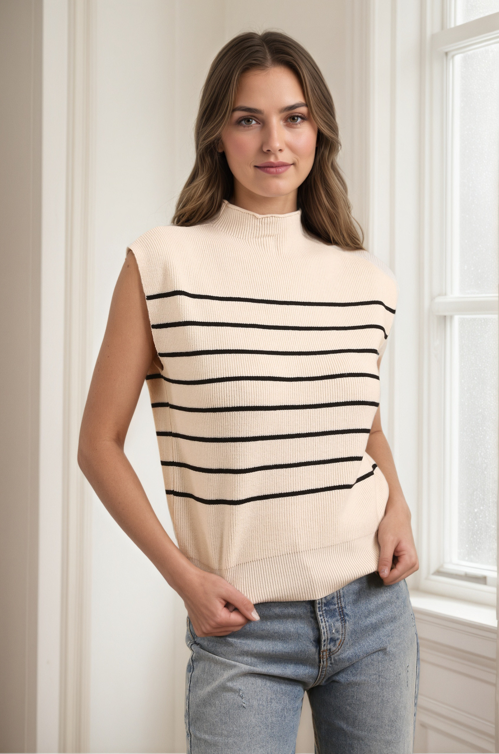 Grossiste ROSYDAYS - Pull sans manche rayé en maille chic, doux et confortable