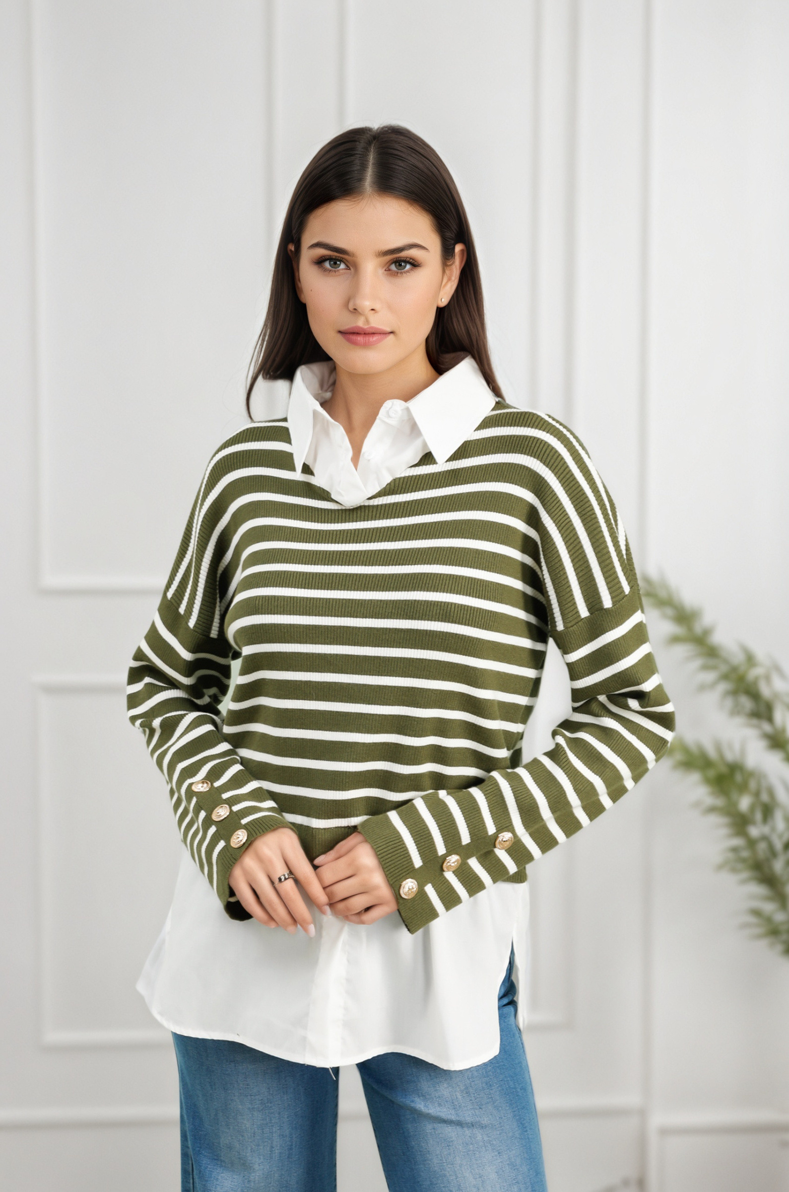 Grossiste ROSYDAYS - Pull Rayures Chemise à Boutons Dorés