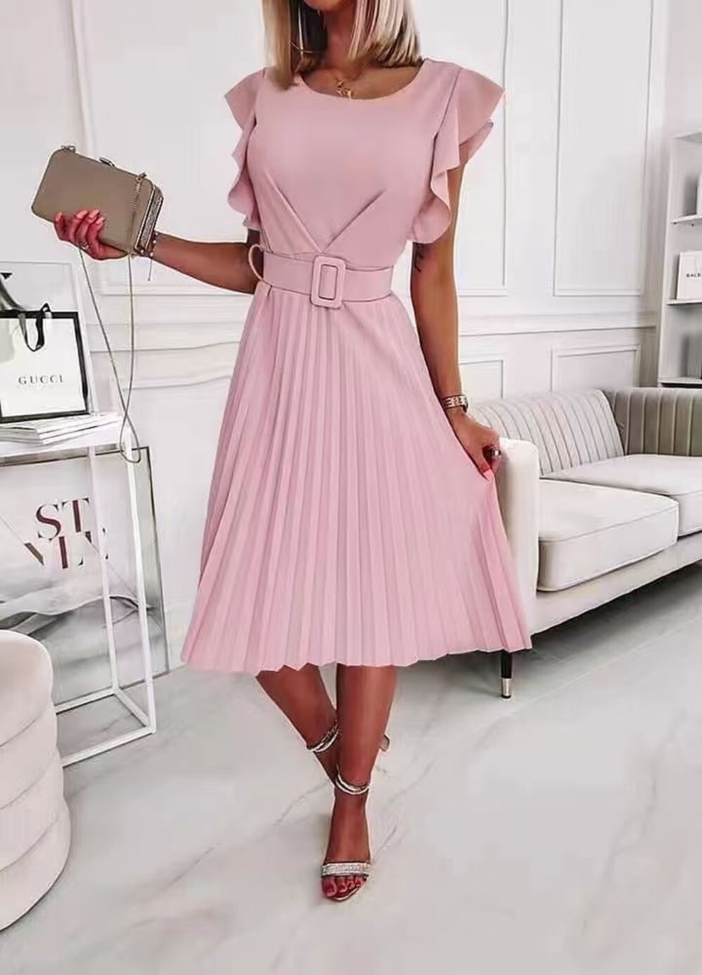 Wholesaler Rosy Days - Chic pleated dress with belt