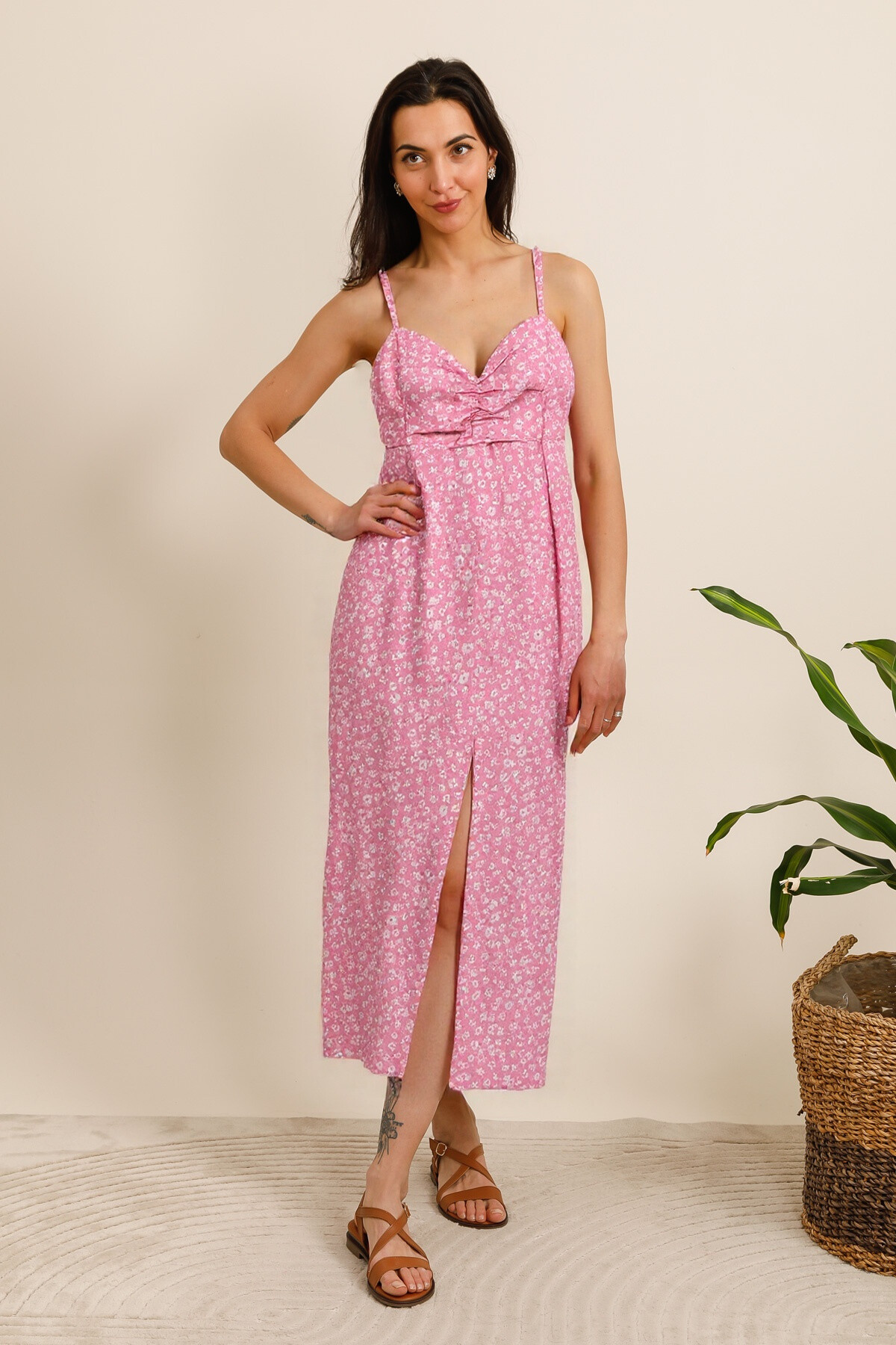 Long floral dress with slit - Rose Shadow - 1 - large format