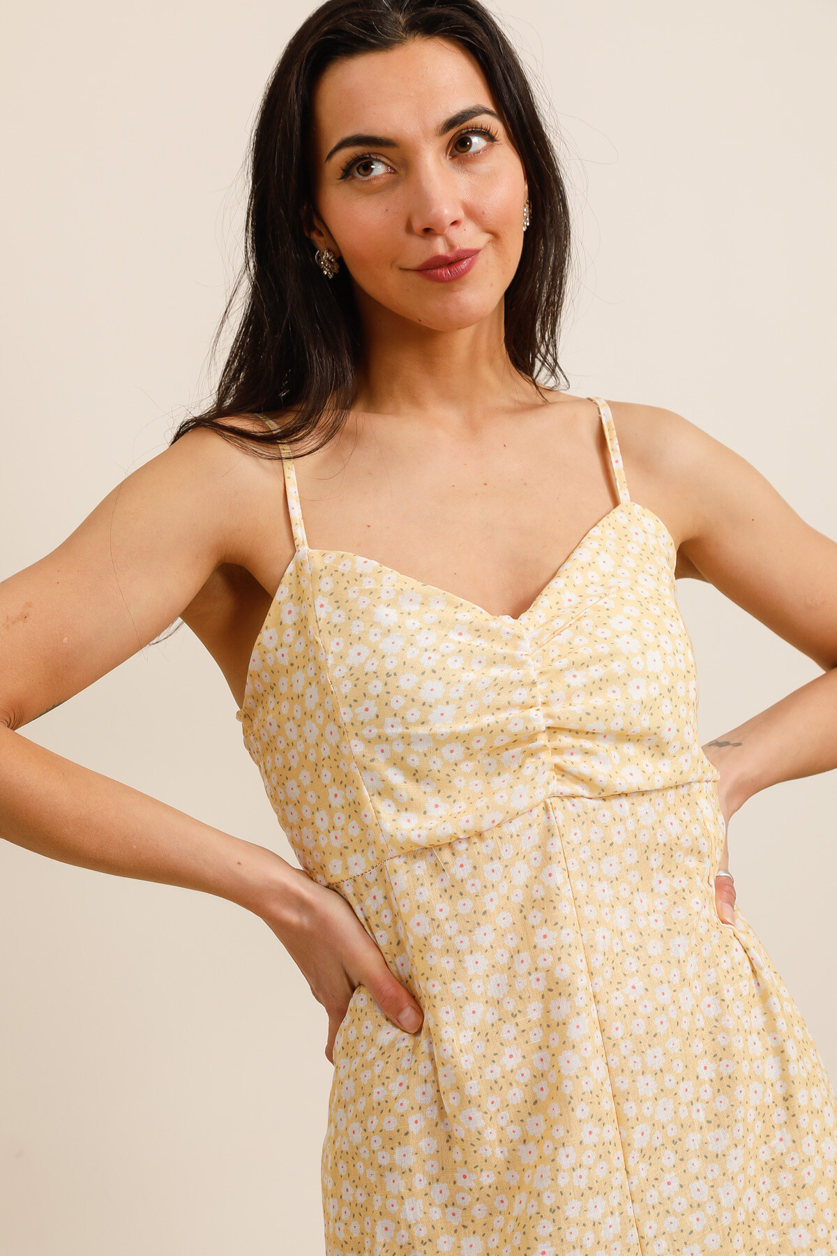Long floral dress with slit - Light Yellow - 2 - large format
