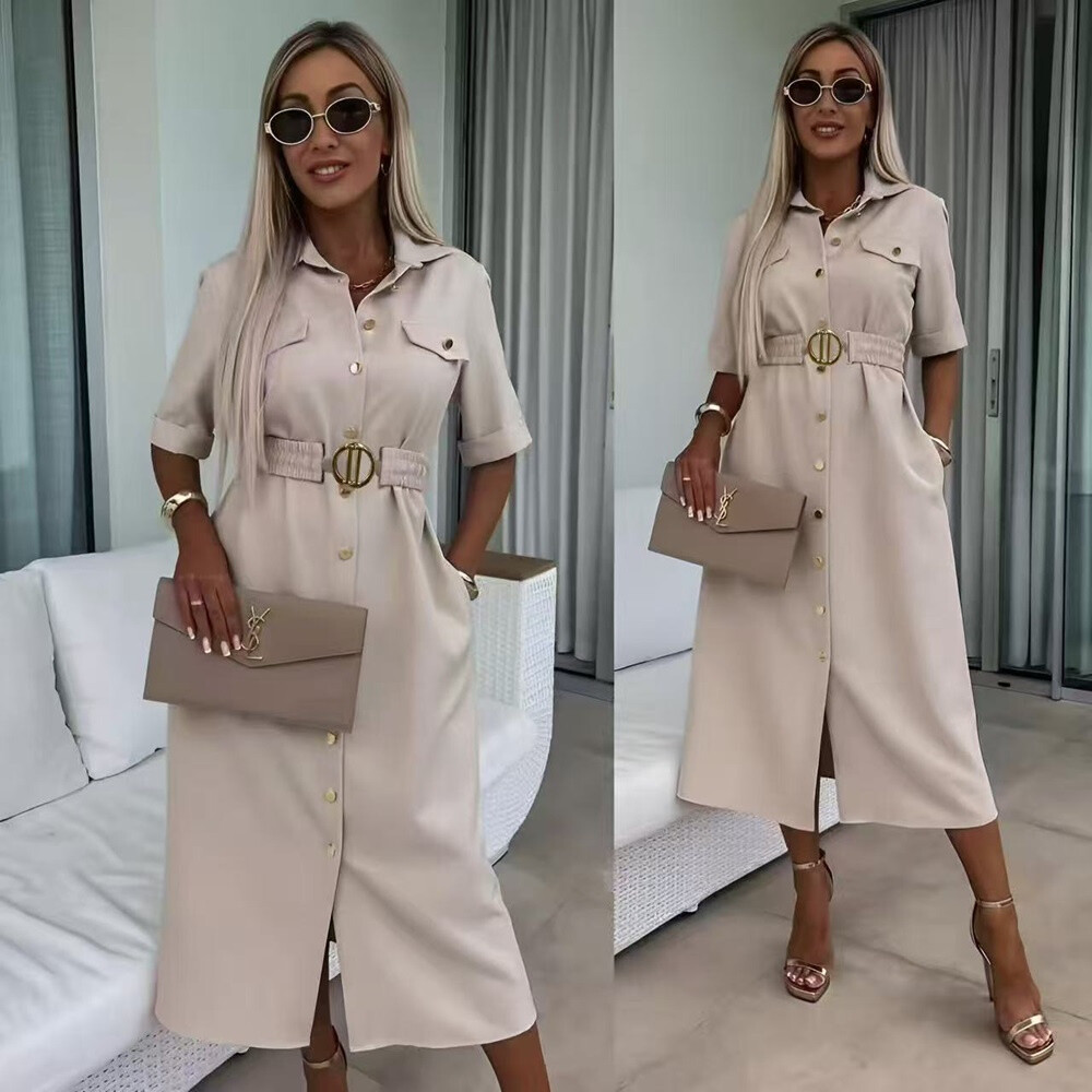 Wholesaler Rosy Days - Elegant shirt dress with short -sleeved loop belt