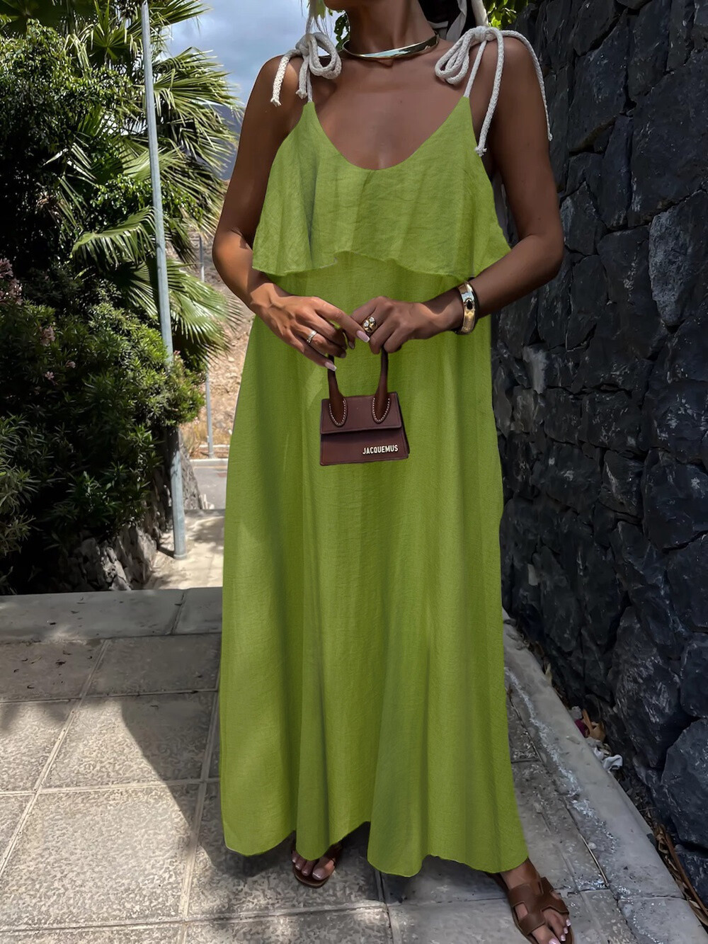 Wholesaler Rosy Days - Long -evased viscose dress with beige cord and pockets straps