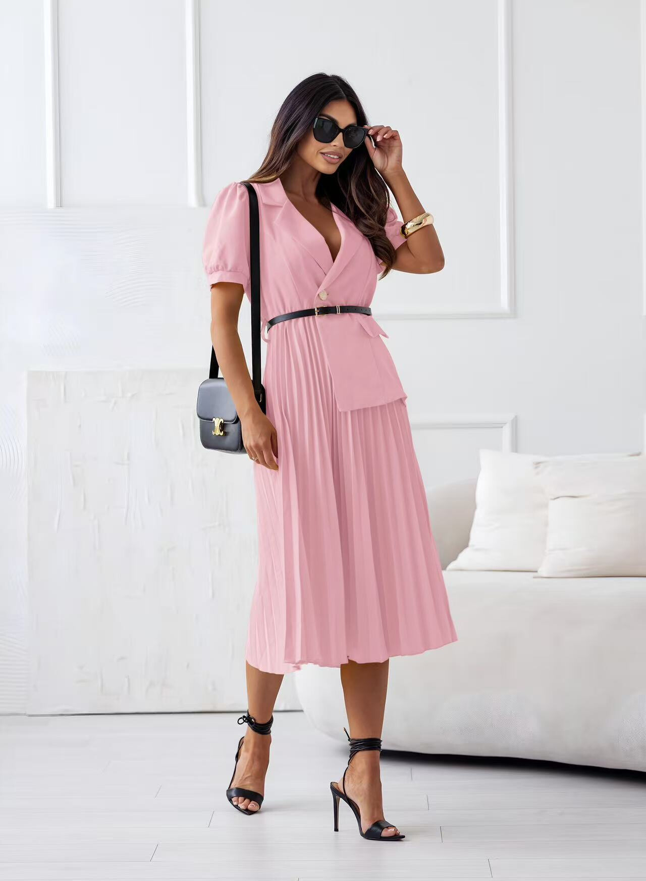 2 in 1 pleated skirt dress with belt - Rose Shadow - 1 - large format