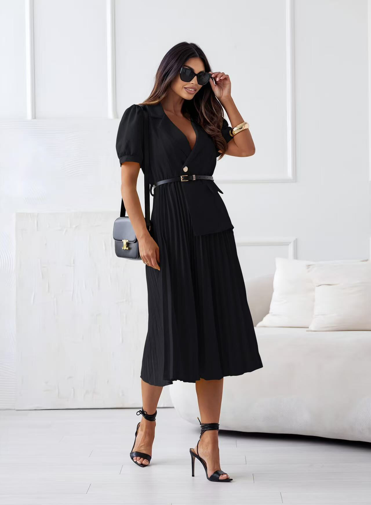 2 in 1 pleated skirt dress with belt - Black - 1 - large format