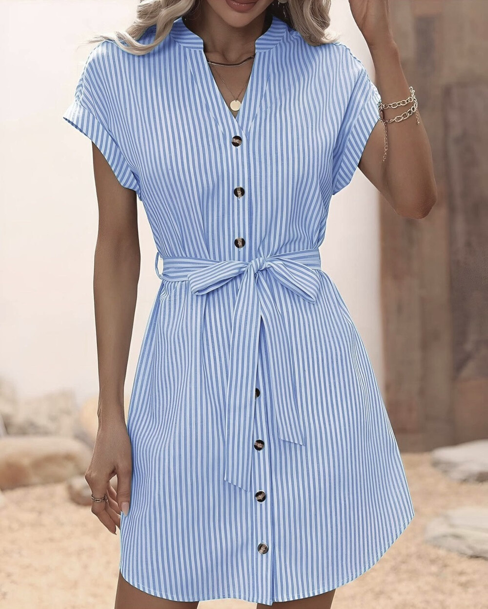 Grossiste Rosy Days - Robe chemise à rayures et à cordon en coton