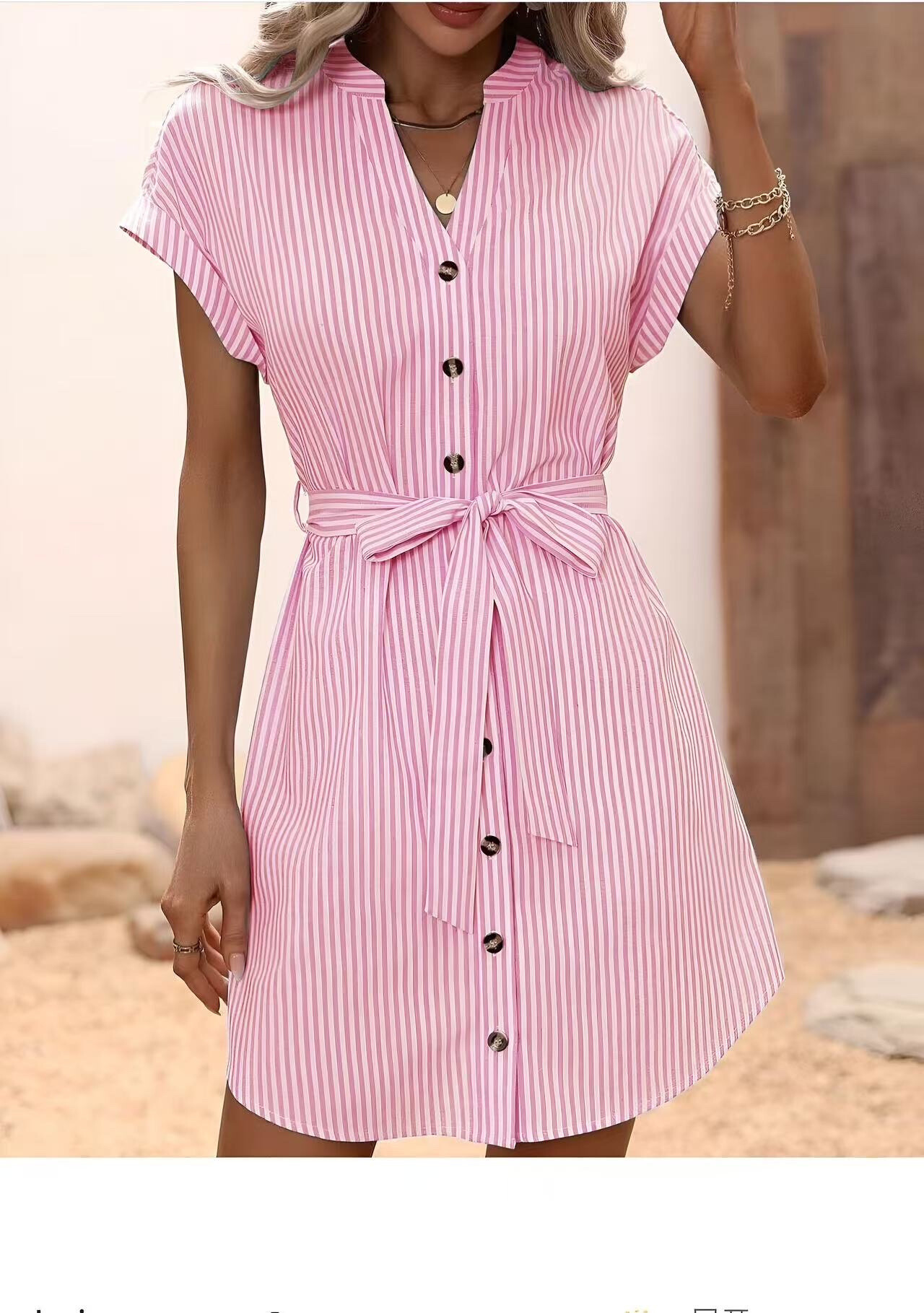 Grossiste Rosy Days - Robe chemise à rayures et à cordon en coton