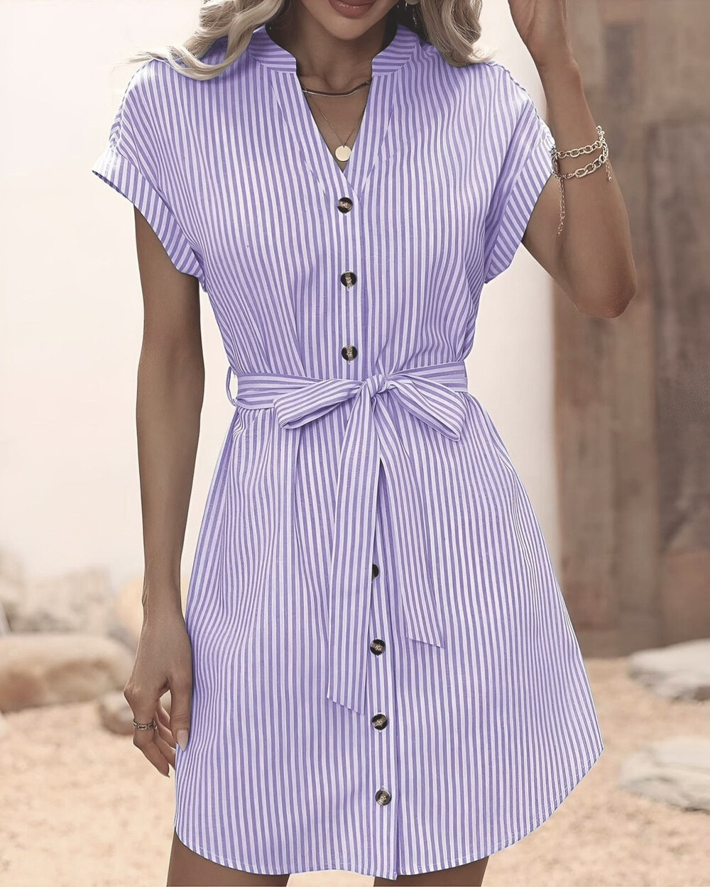 Grossiste Rosy Days - Robe chemise à rayures et à cordon en coton
