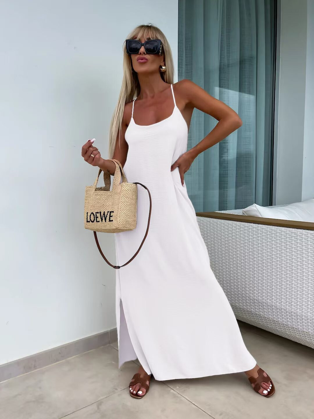 Solid Cross Back Sleeveless Maxi Dress - White - 1 - large format