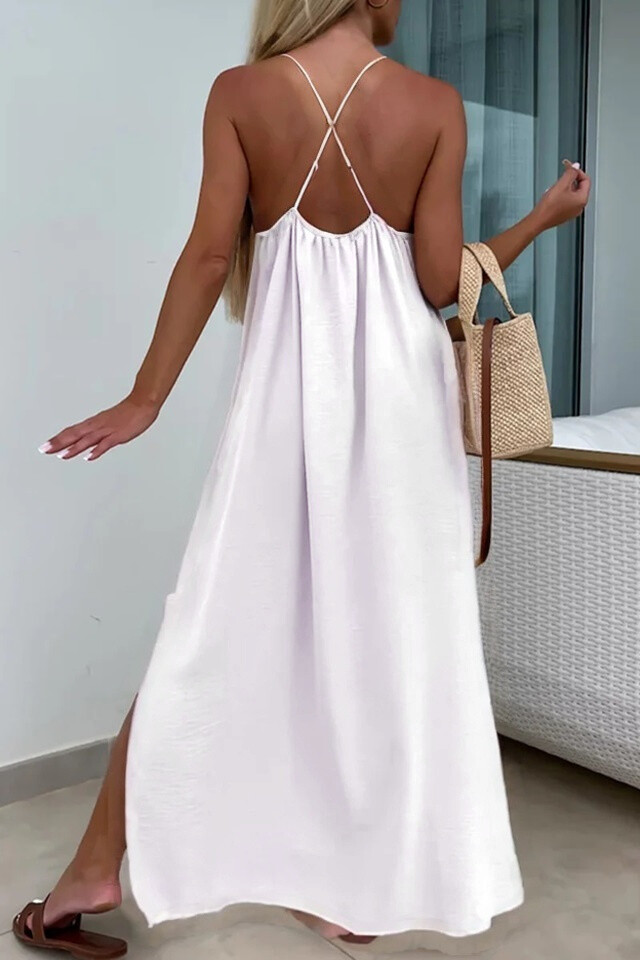 Solid Cross Back Sleeveless Maxi Dress - White - 3 - large format