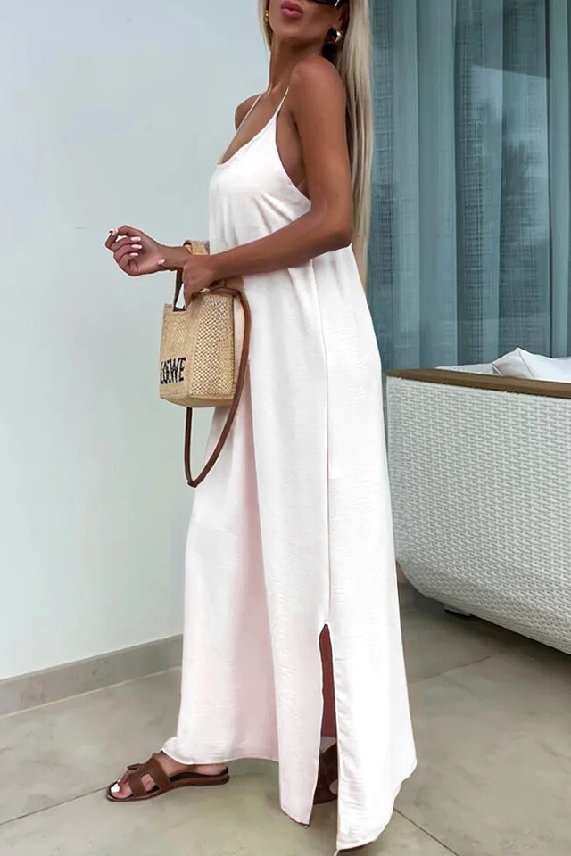 Solid Cross Back Sleeveless Maxi Dress - White - 2 - large format